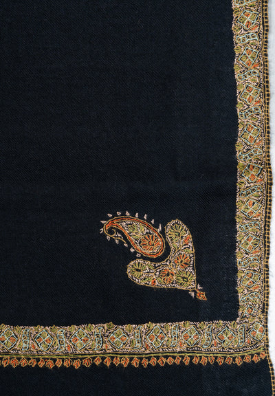 2.5 Yards: Sozni Hand Embroidered Pashmina: Midnight Black Gold Edge Classic