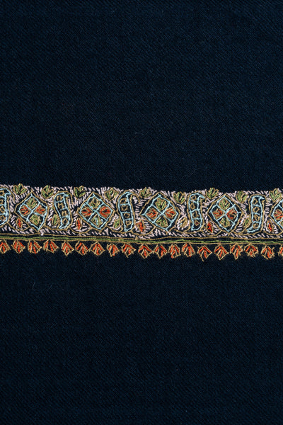 2.5 Yards: Sozni Hand Embroidered Pashmina: Midnight Black Gold Edge Classic