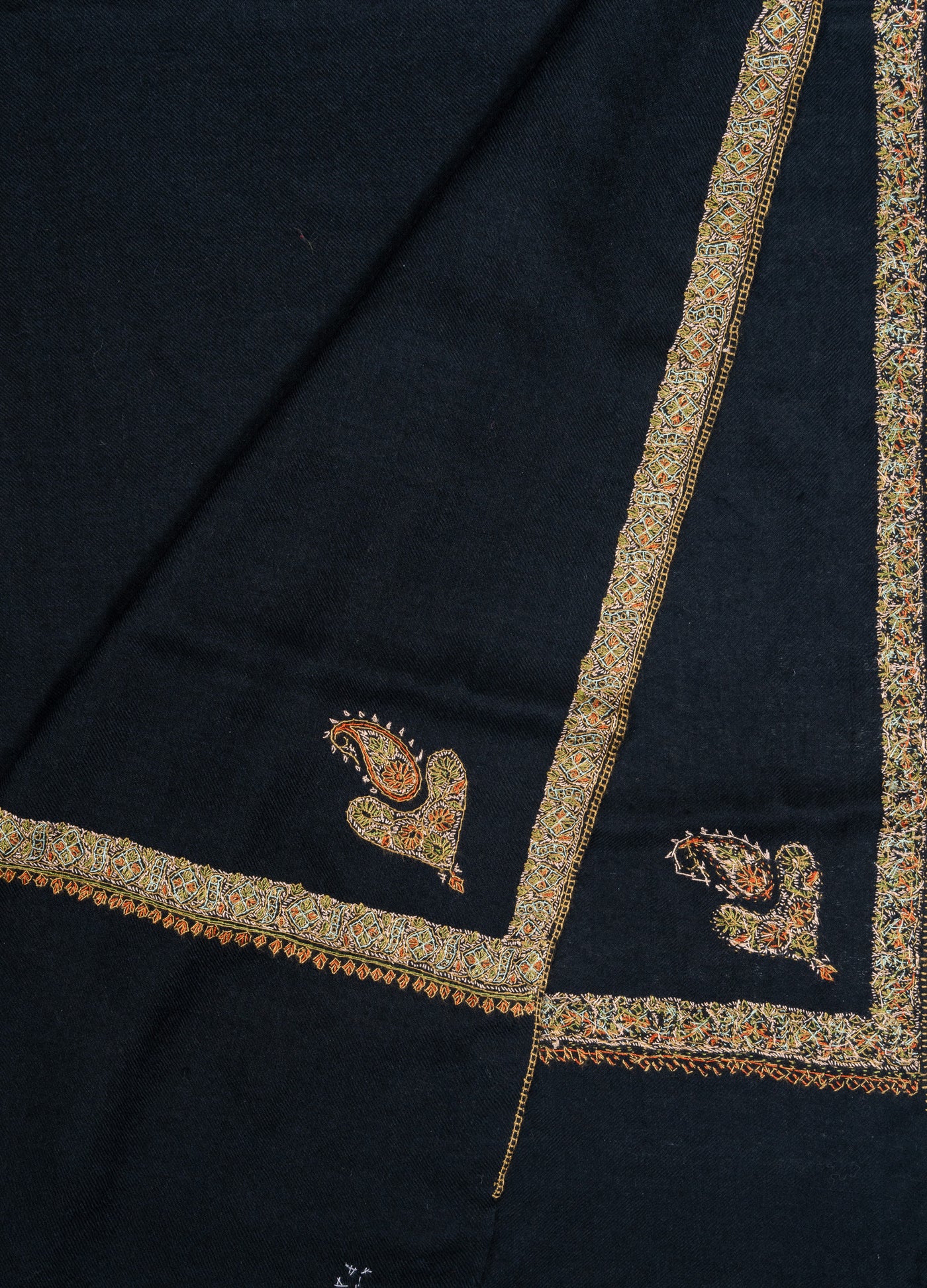 2.5 Yards: Sozni Hand Embroidered Pashmina: Midnight Black Gold Edge Classic