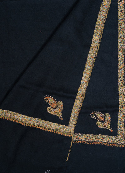 2.5 Yards: Sozni Hand Embroidered Pashmina: Midnight Black Gold Edge Classic