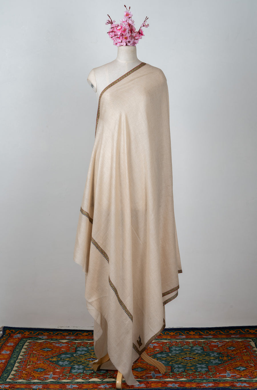 2.5 Yards: Sozni Hand Embroidered Pashmina: Soft Ivory Minimal Border Grace