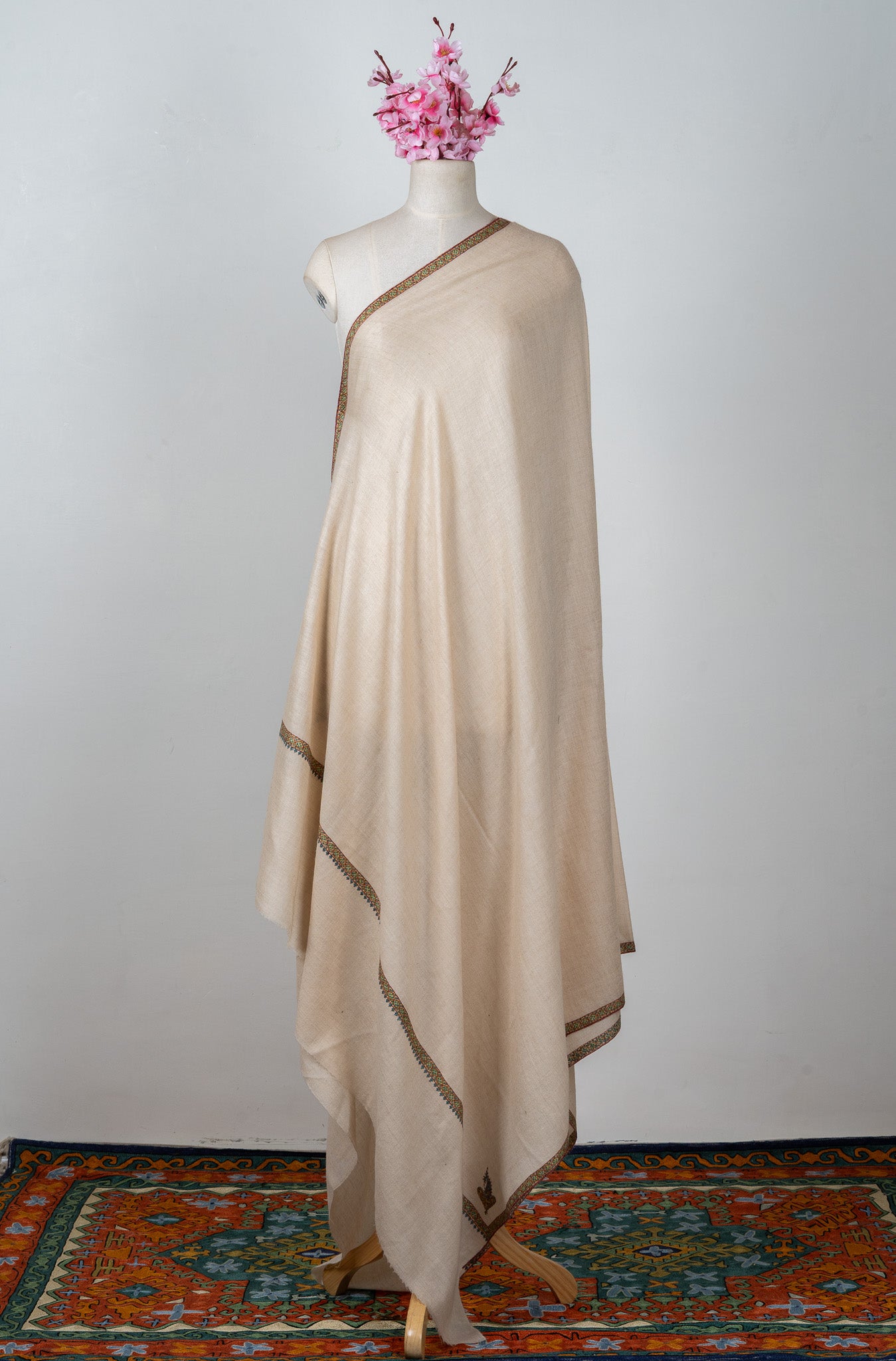 2.5 Yards: Sozni Hand Embroidered Pashmina: Soft Ivory Minimal Border Grace