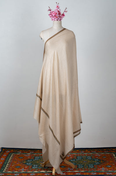 2.5 Yards: Sozni Hand Embroidered Pashmina: Soft Ivory Minimal Border Grace