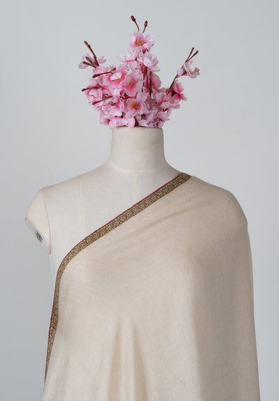 2.5 Yards: Sozni Hand Embroidered Pashmina: Soft Ivory Minimal Border Grace