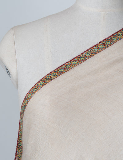 2.5 Yards: Sozni Hand Embroidered Pashmina: Soft Ivory Minimal Border Grace