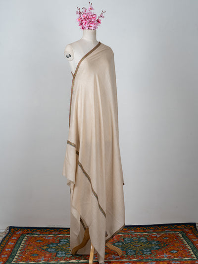 2.5 Yards: Sozni Hand Embroidered Pashmina: Soft Ivory Minimal Border Grace