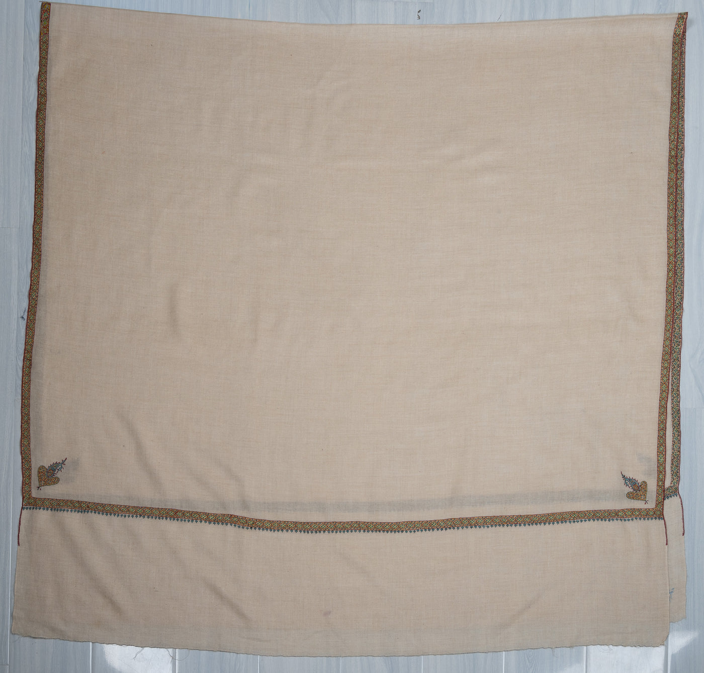 2.5 Yards: Sozni Hand Embroidered Pashmina: Soft Ivory Minimal Border Grace