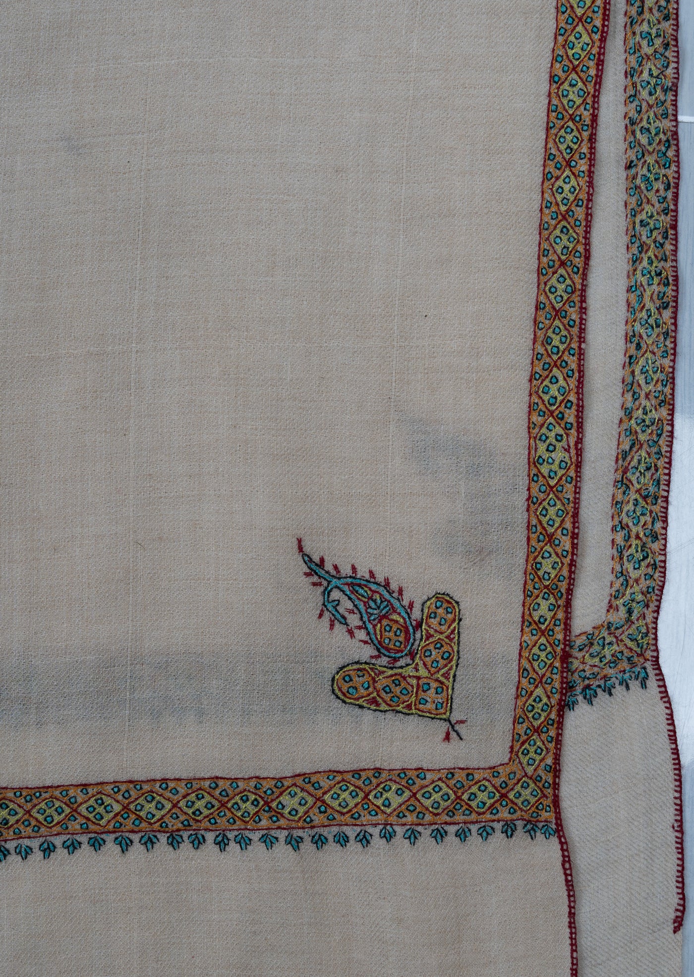 2.5 Yards: Sozni Hand Embroidered Pashmina: Soft Ivory Minimal Border Grace