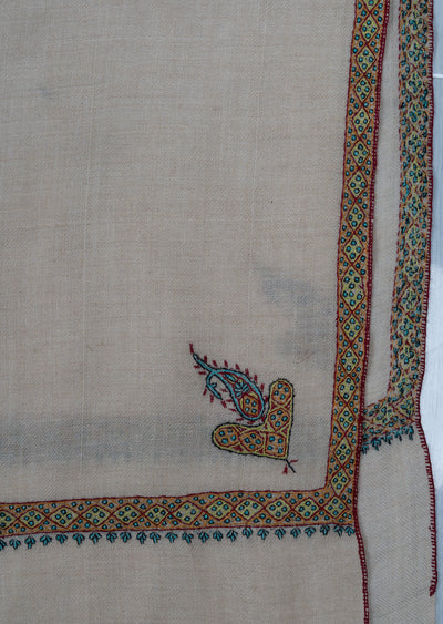 2.5 Yards: Sozni Hand Embroidered Pashmina: Soft Ivory Minimal Border Grace