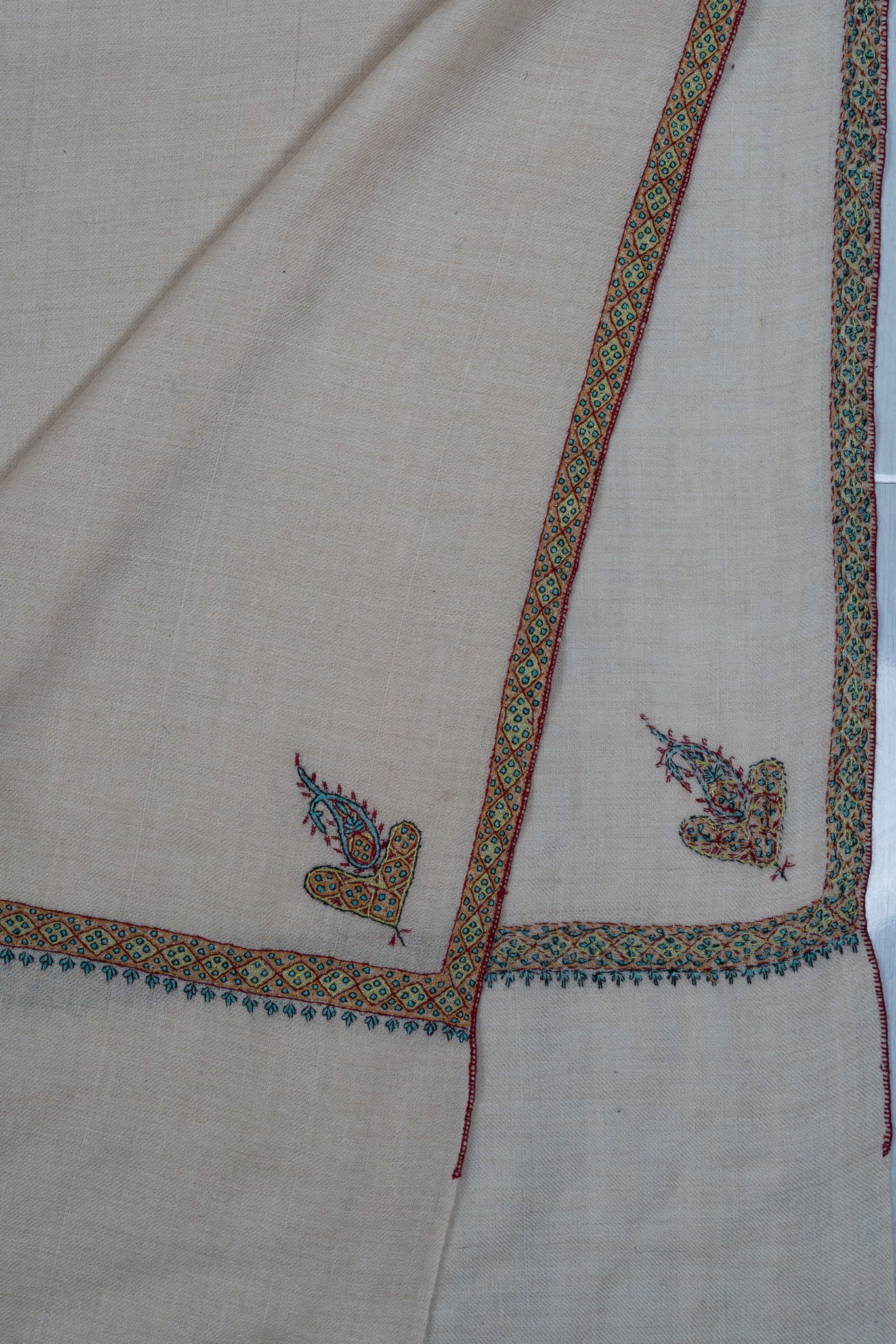 2.5 Yards: Sozni Hand Embroidered Pashmina: Soft Ivory Minimal Border Grace