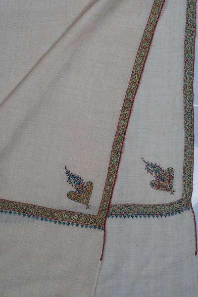 2.5 Yards: Sozni Hand Embroidered Pashmina: Soft Ivory Minimal Border Grace