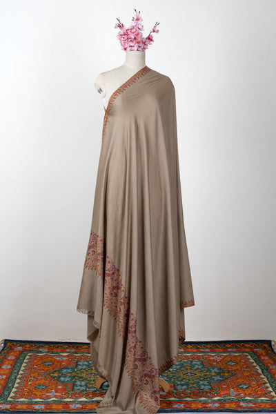 3 Yards: Sozni Hand Embroidered Pashmina: Taupe Corner Paisley Border
