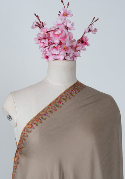 3 Yards: Sozni Hand Embroidered Pashmina: Taupe Corner Paisley Border