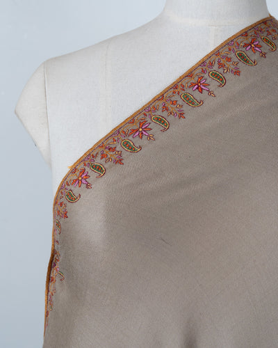 3 Yards: Sozni Hand Embroidered Pashmina: Taupe Corner Paisley Border