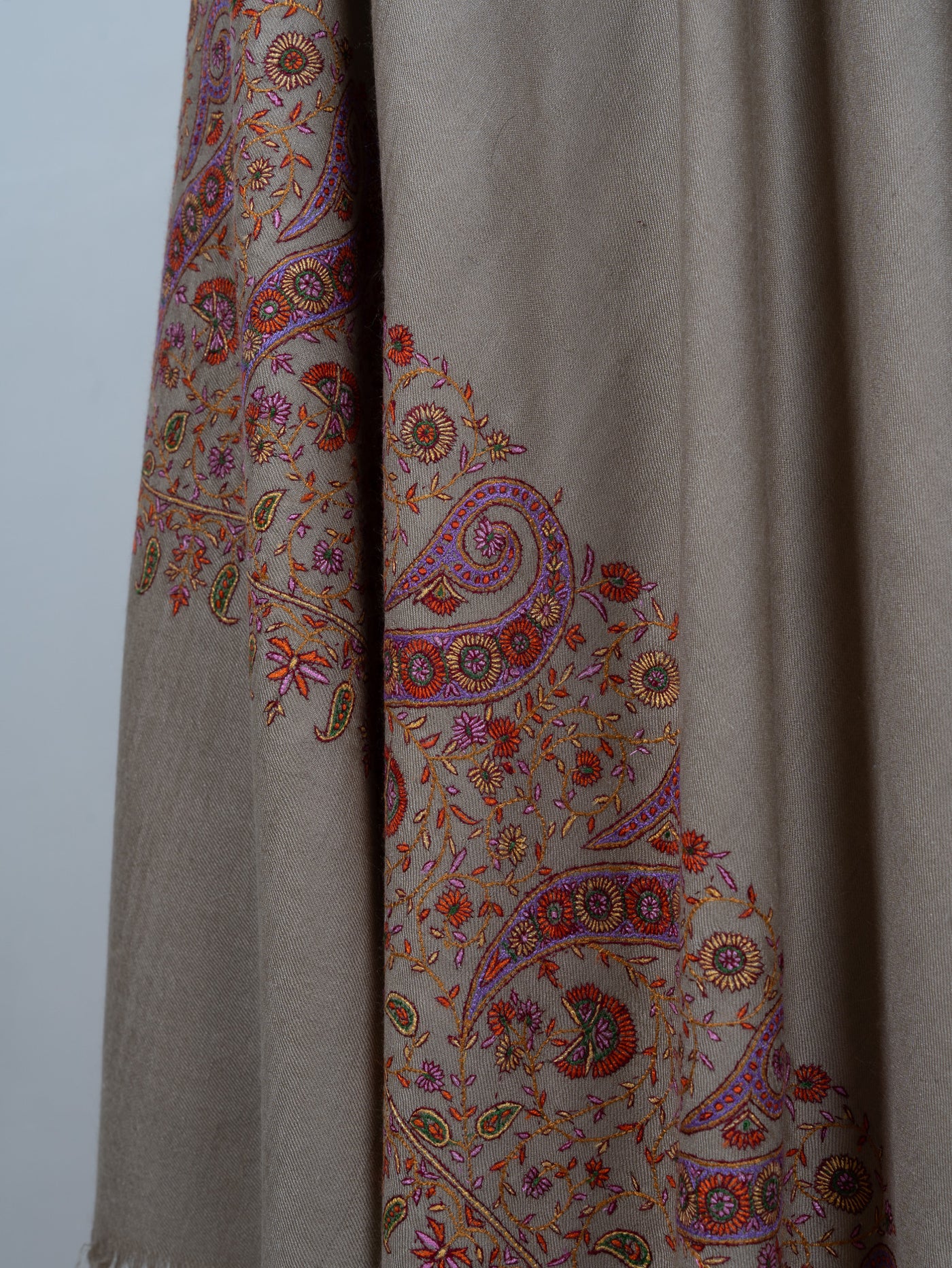 3 Yards: Sozni Hand Embroidered Pashmina: Taupe Corner Paisley Border