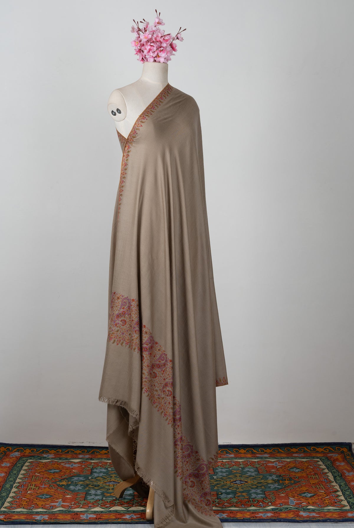 3 Yards: Sozni Hand Embroidered Pashmina: Taupe Corner Paisley Border