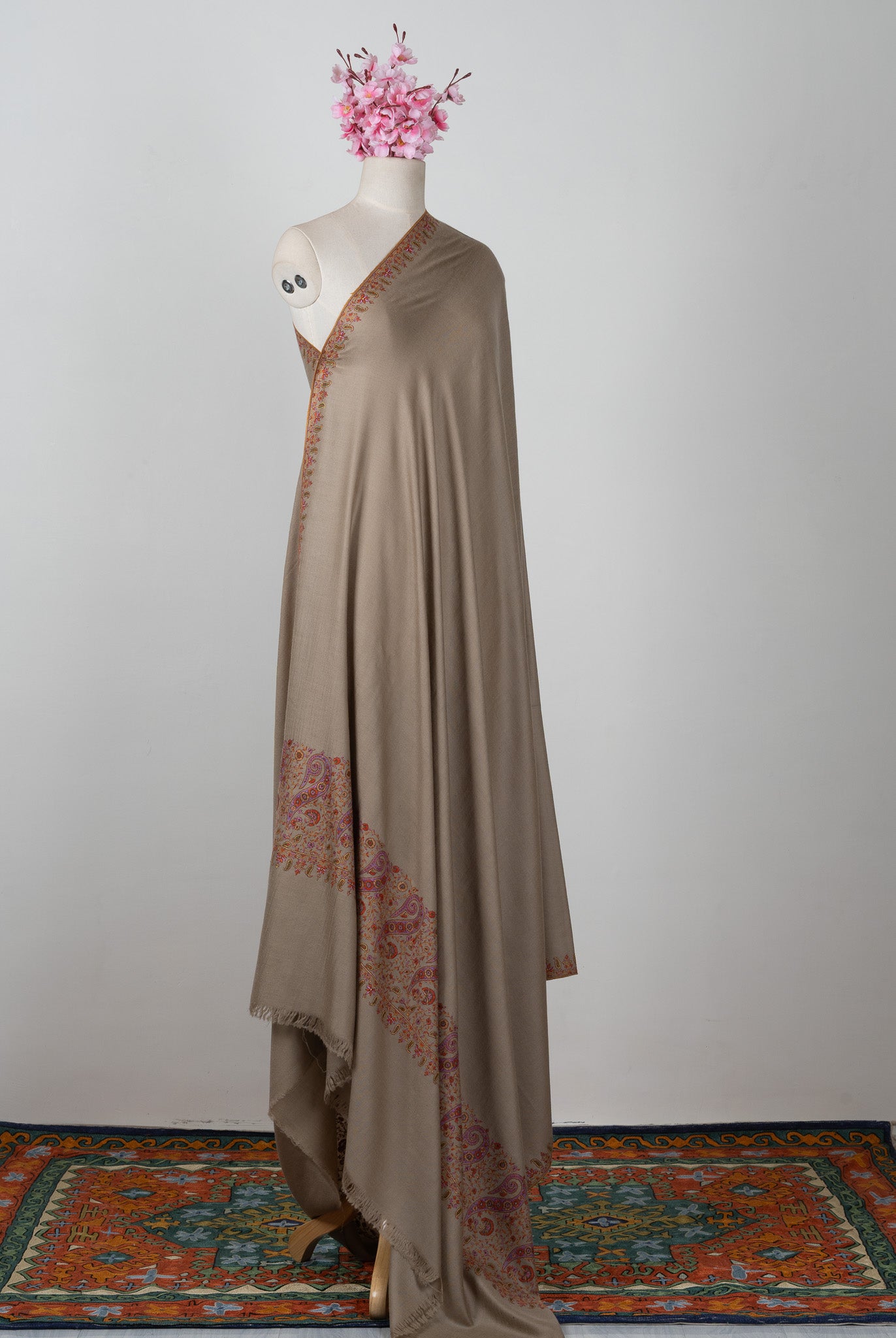 3 Yards: Sozni Hand Embroidered Pashmina: Taupe Corner Paisley Border