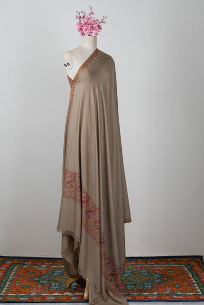 3 Yards: Sozni Hand Embroidered Pashmina: Taupe Corner Paisley Border