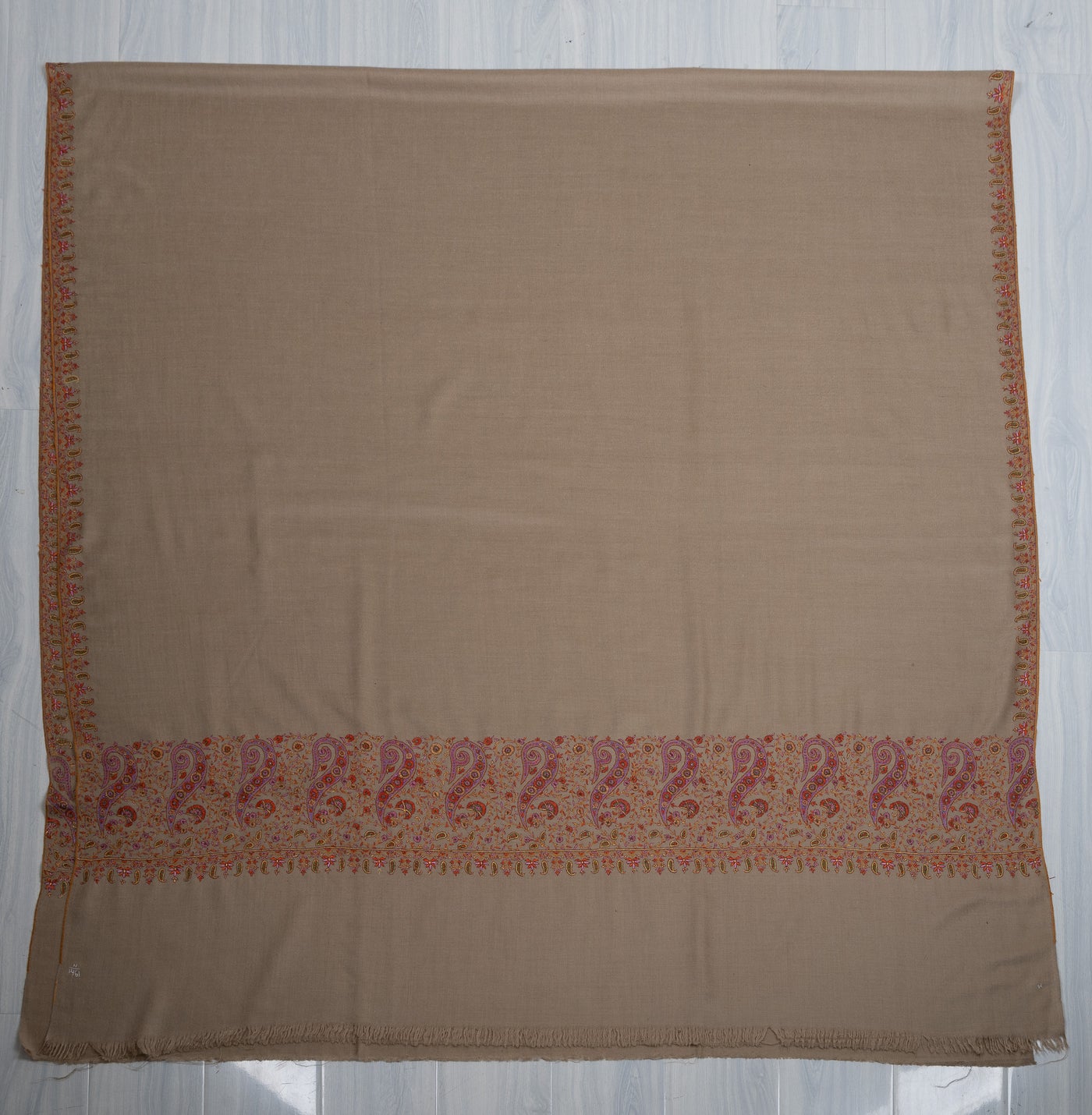 3 Yards: Sozni Hand Embroidered Pashmina: Taupe Corner Paisley Border