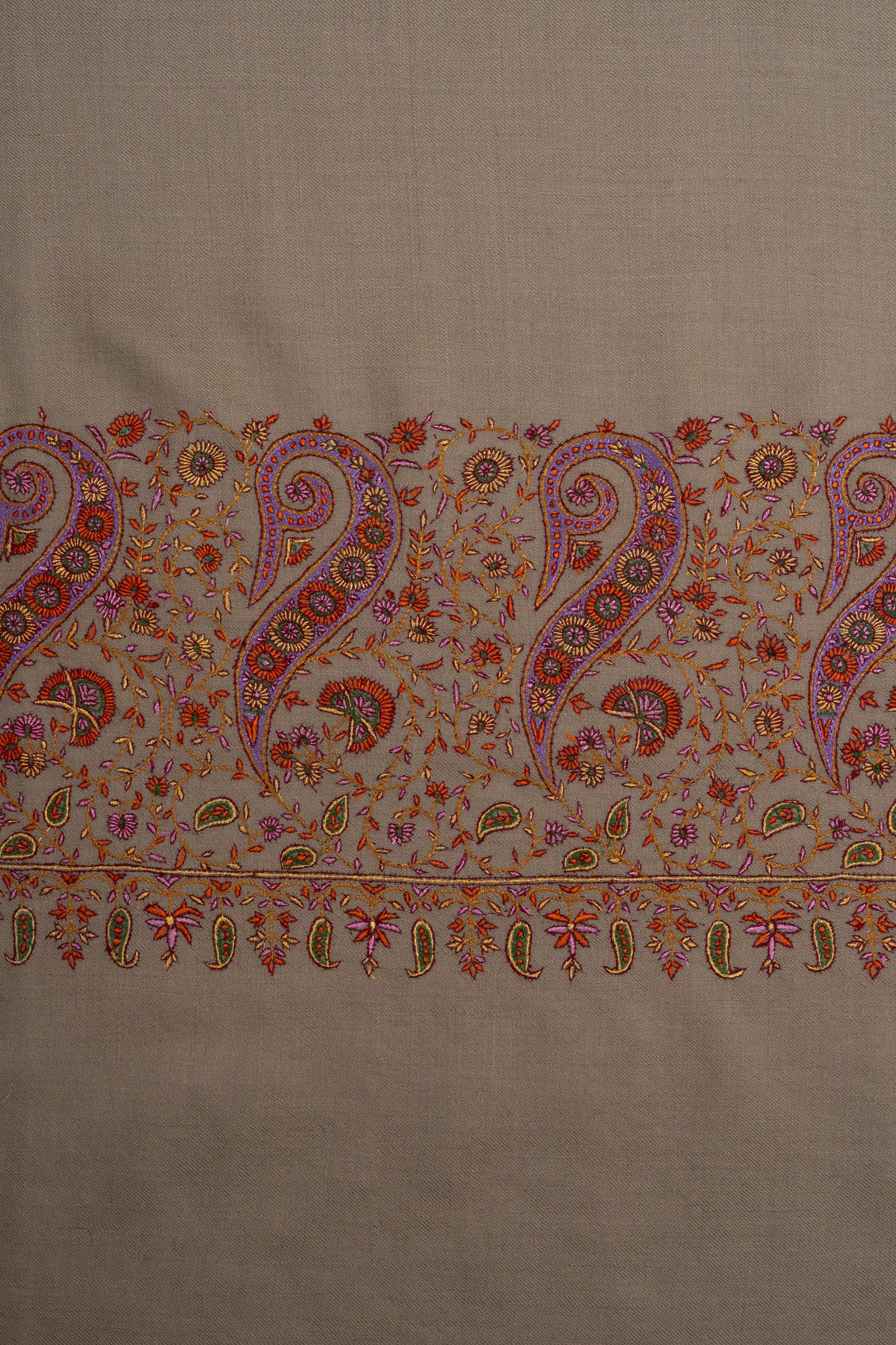 3 Yards: Sozni Hand Embroidered Pashmina: Taupe Corner Paisley Border