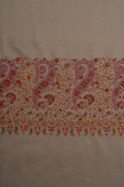 3 Yards: Sozni Hand Embroidered Pashmina: Taupe Corner Paisley Border