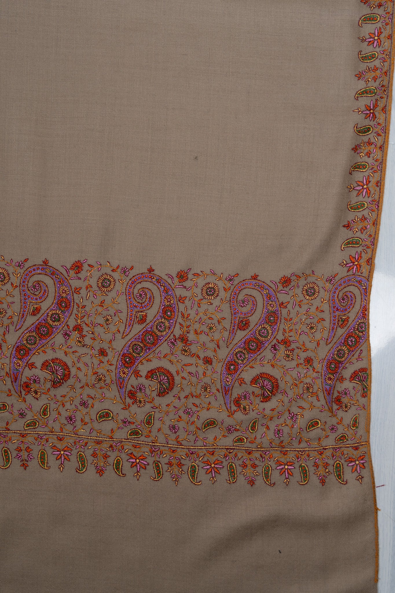 3 Yards: Sozni Hand Embroidered Pashmina: Taupe Corner Paisley Border
