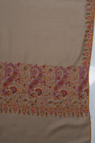 3 Yards: Sozni Hand Embroidered Pashmina: Taupe Corner Paisley Border