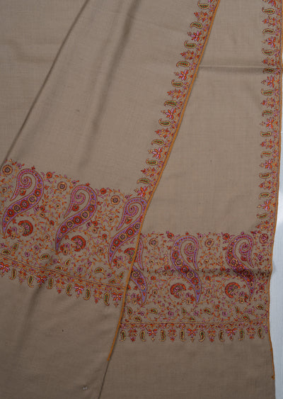 3 Yards: Sozni Hand Embroidered Pashmina: Taupe Corner Paisley Border