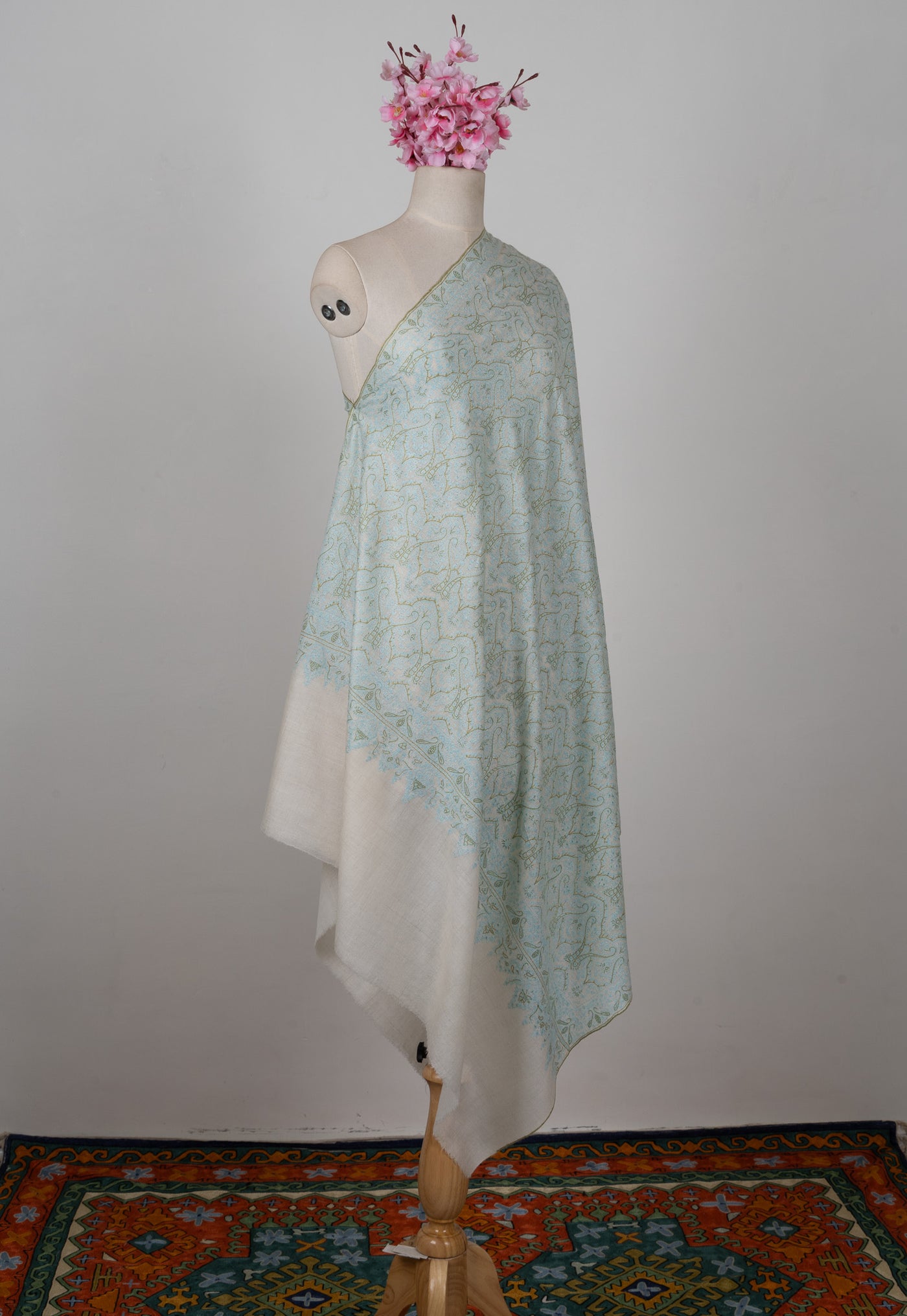 Sozni Hand Embroidered Pashmina: Mint Blue Floral Arabesque