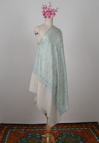 Sozni Hand Embroidered Pashmina: Mint Blue Floral Arabesque