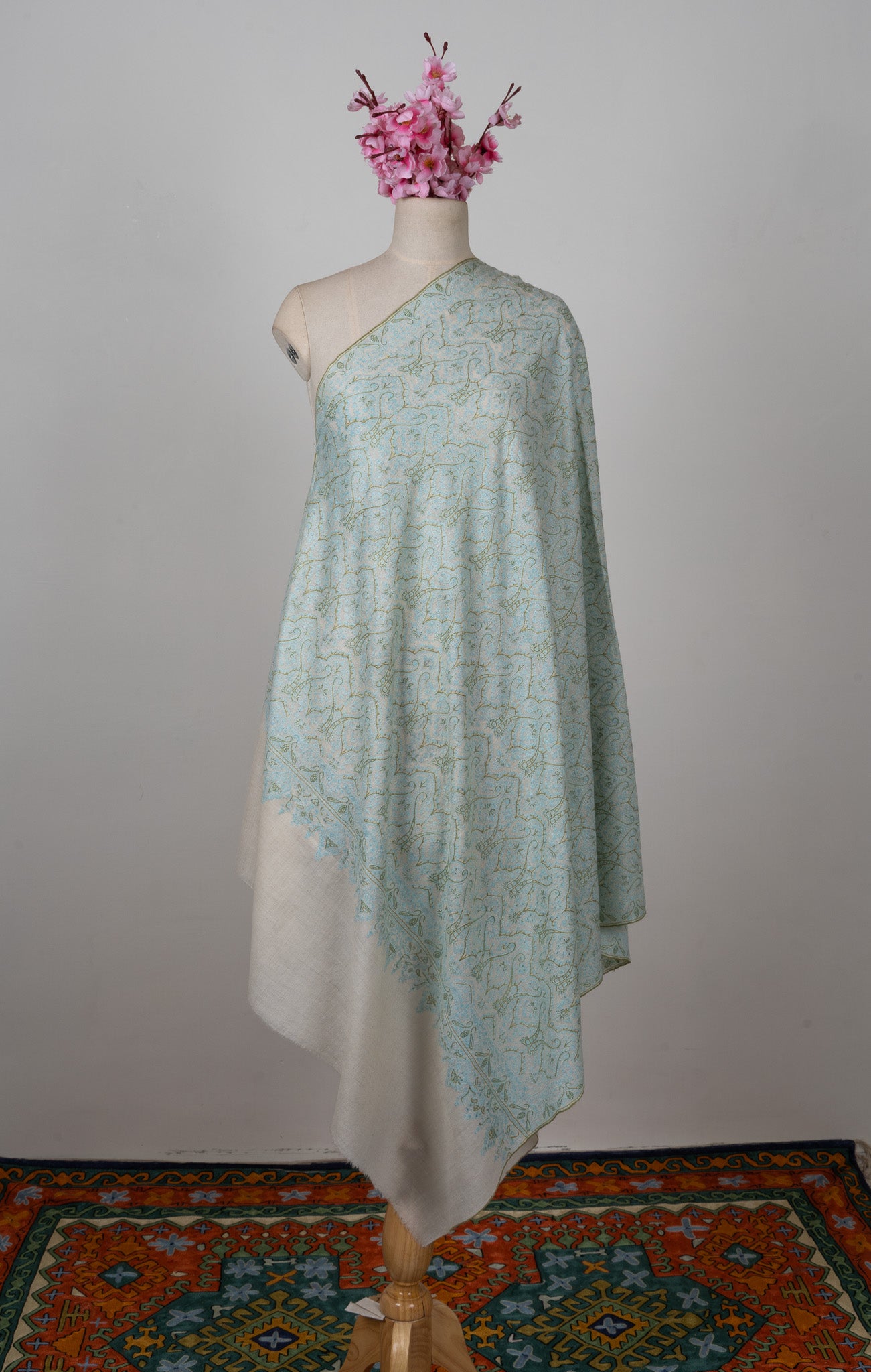 Sozni Hand Embroidered Pashmina: Mint Blue Floral Arabesque