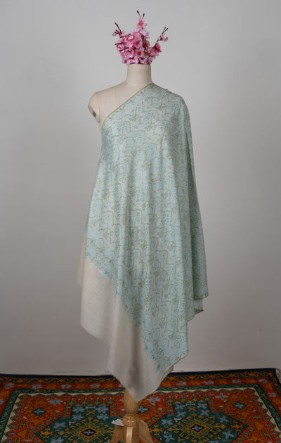 Sozni Hand Embroidered Pashmina: Mint Blue Floral Arabesque