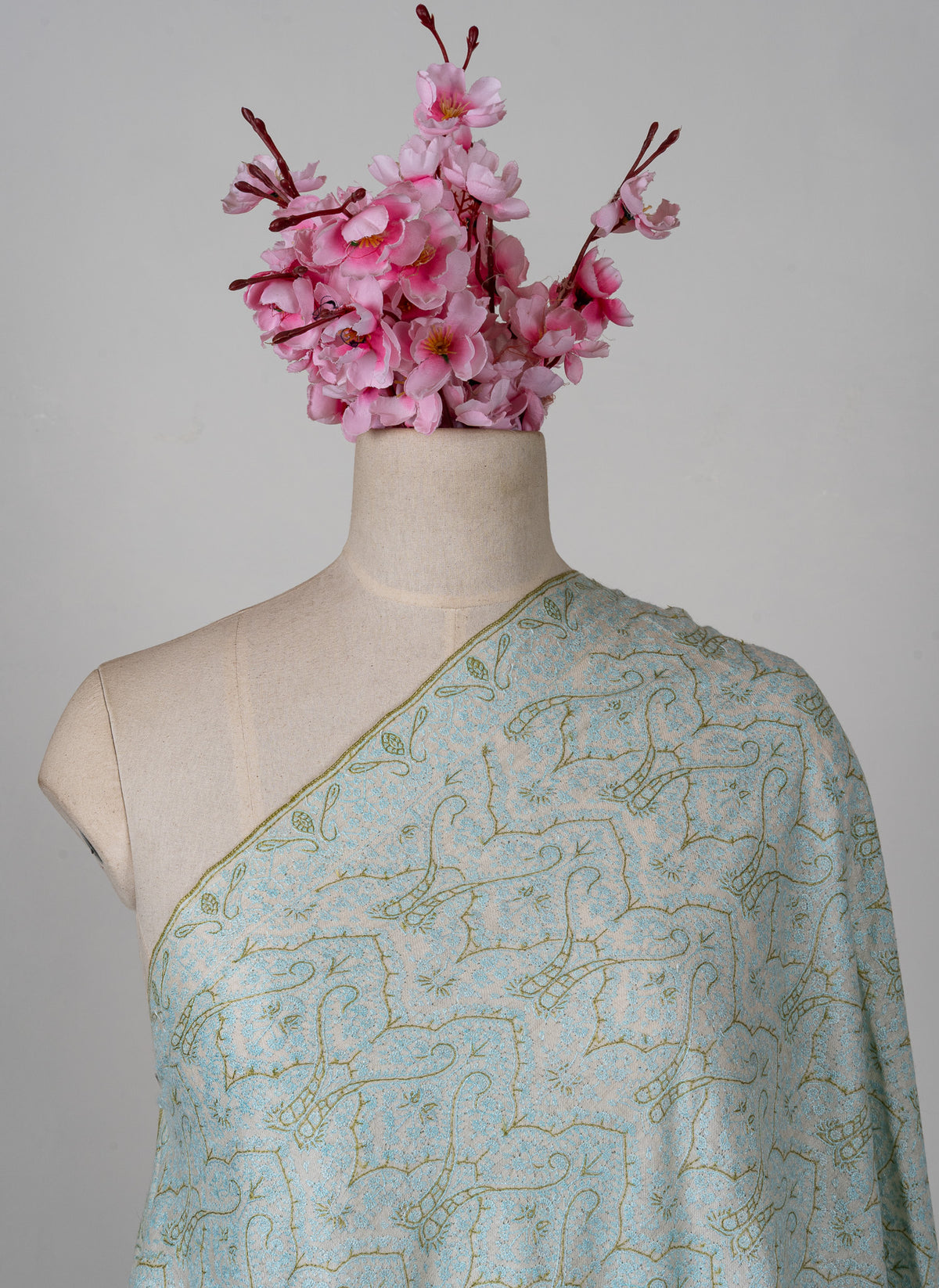 Sozni Hand Embroidered Pashmina: Mint Blue Floral Arabesque