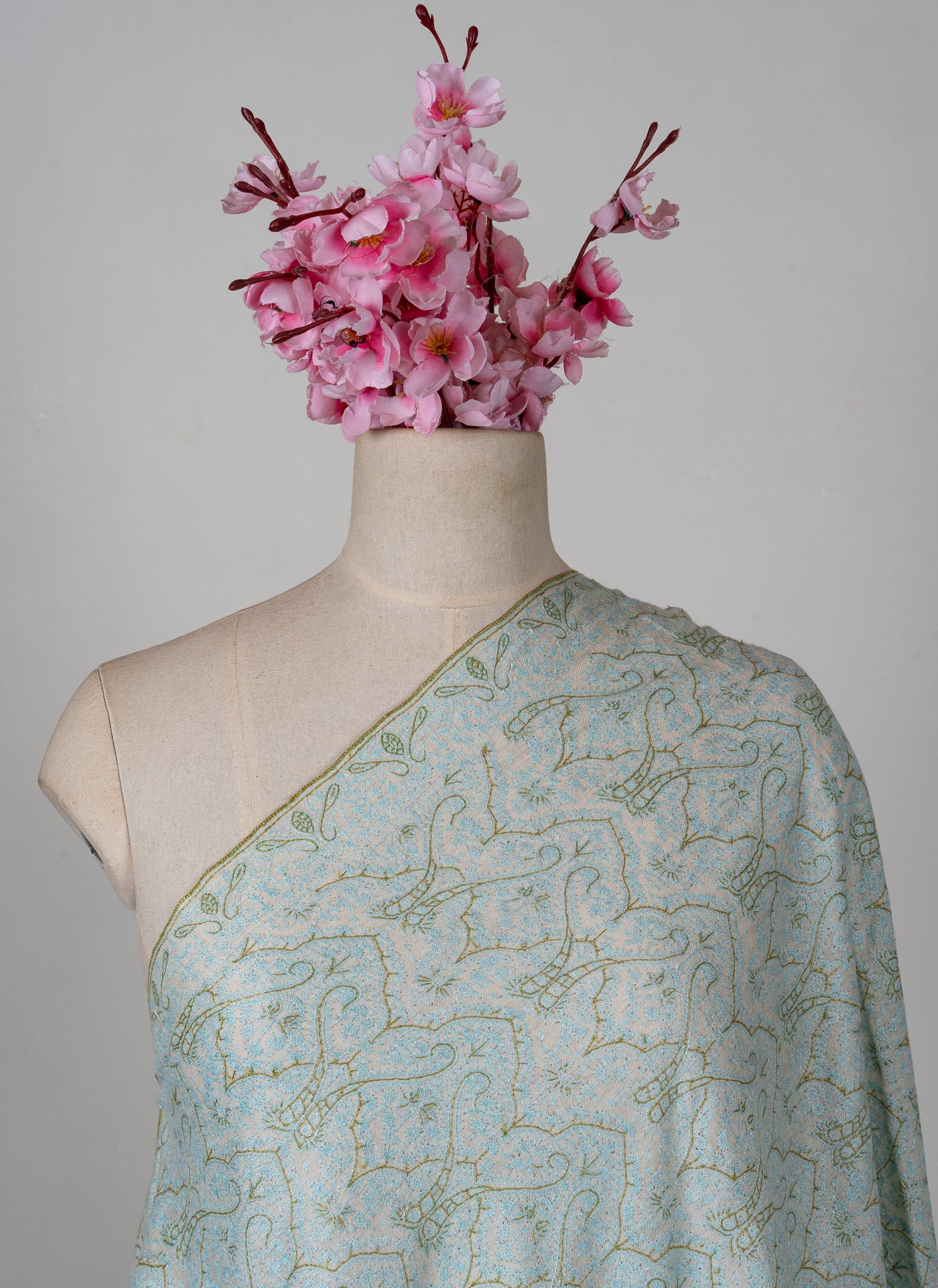 Sozni Hand Embroidered Pashmina: Mint Blue Floral Arabesque
