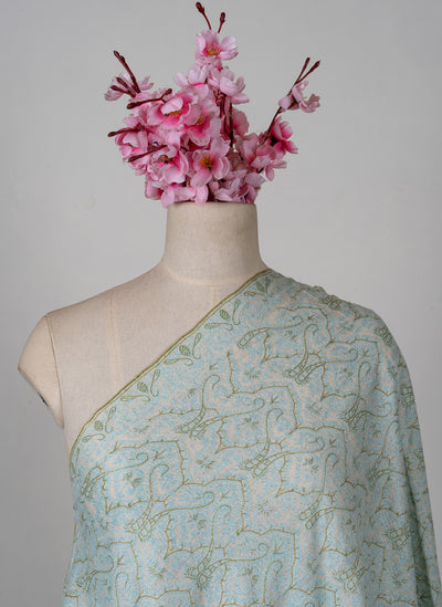 Sozni Hand Embroidered Pashmina: Mint Blue Floral Arabesque