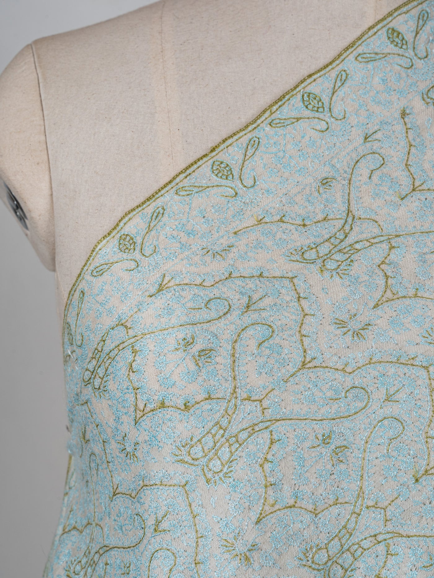 Sozni Hand Embroidered Pashmina: Mint Blue Floral Arabesque