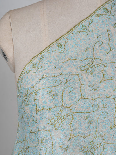 Sozni Hand Embroidered Pashmina: Mint Blue Floral Arabesque