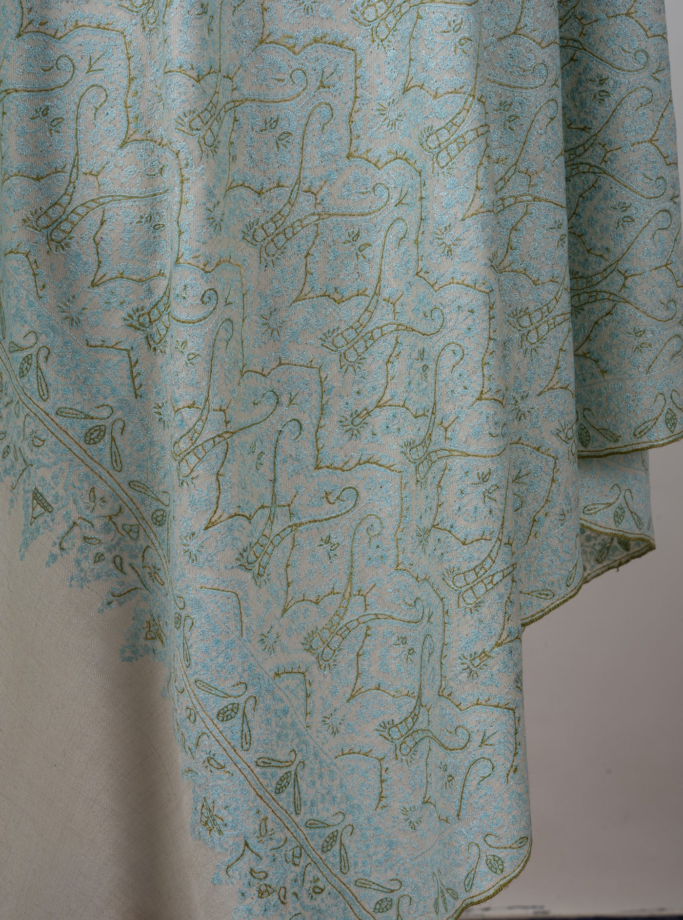 Sozni Hand Embroidered Pashmina: Mint Blue Floral Arabesque