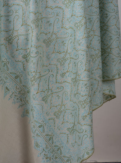 Sozni Hand Embroidered Pashmina: Mint Blue Floral Arabesque