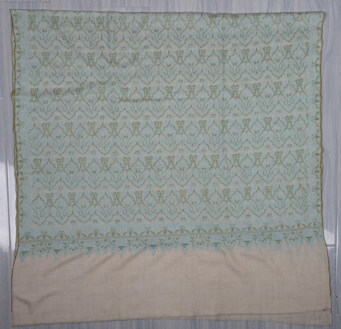 Sozni Hand Embroidered Pashmina: Mint Blue Floral Arabesque