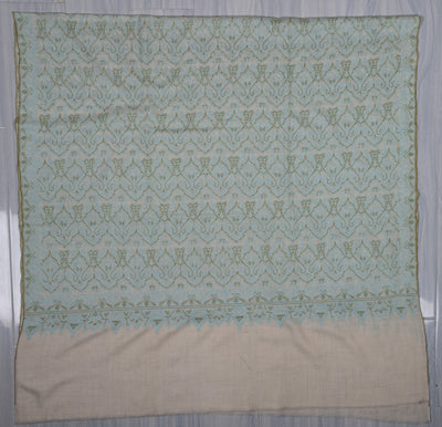 Sozni Hand Embroidered Pashmina: Mint Blue Floral Arabesque