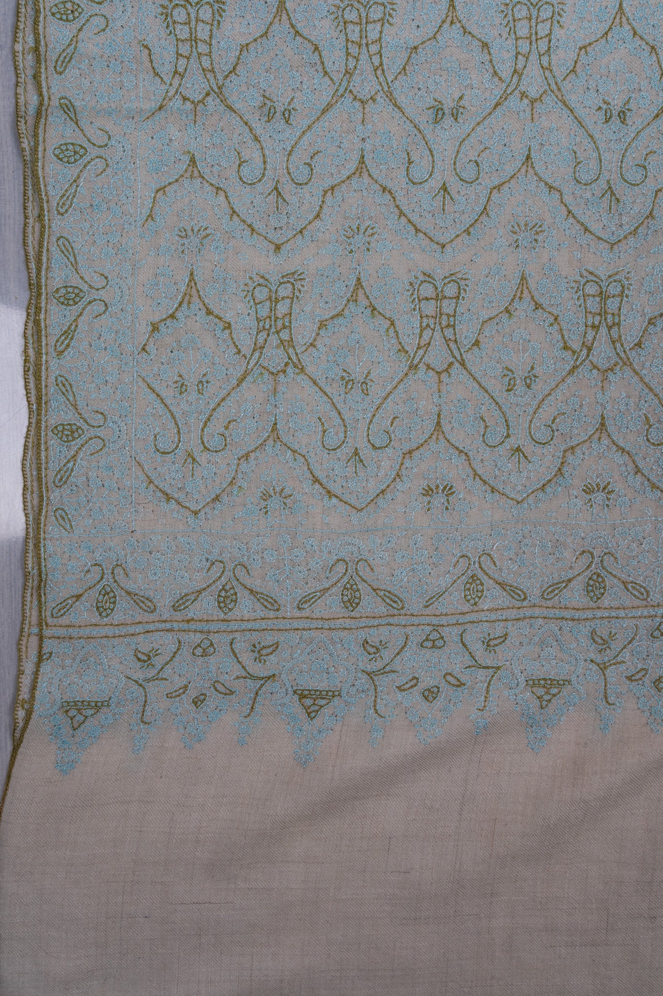 Sozni Hand Embroidered Pashmina: Mint Blue Floral Arabesque