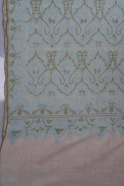 Sozni Hand Embroidered Pashmina: Mint Blue Floral Arabesque