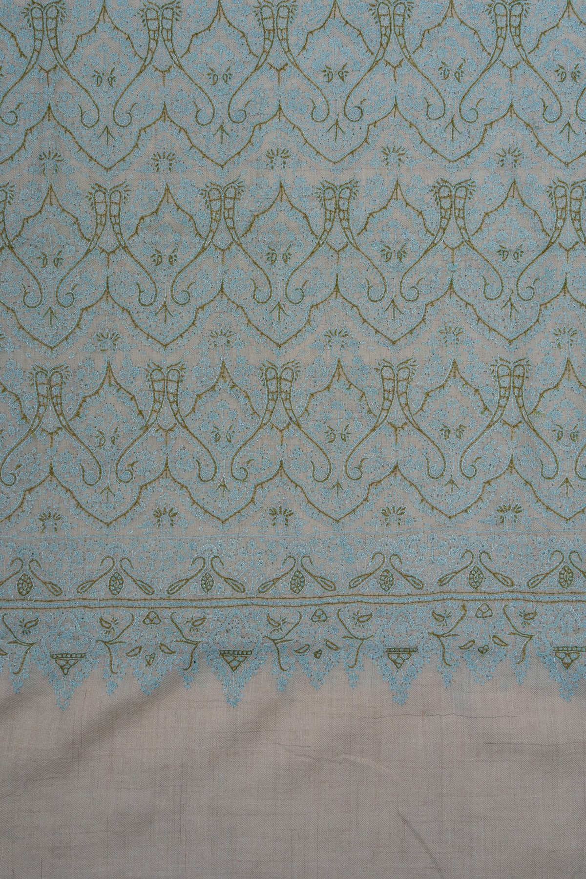 Sozni Hand Embroidered Pashmina: Mint Blue Floral Arabesque