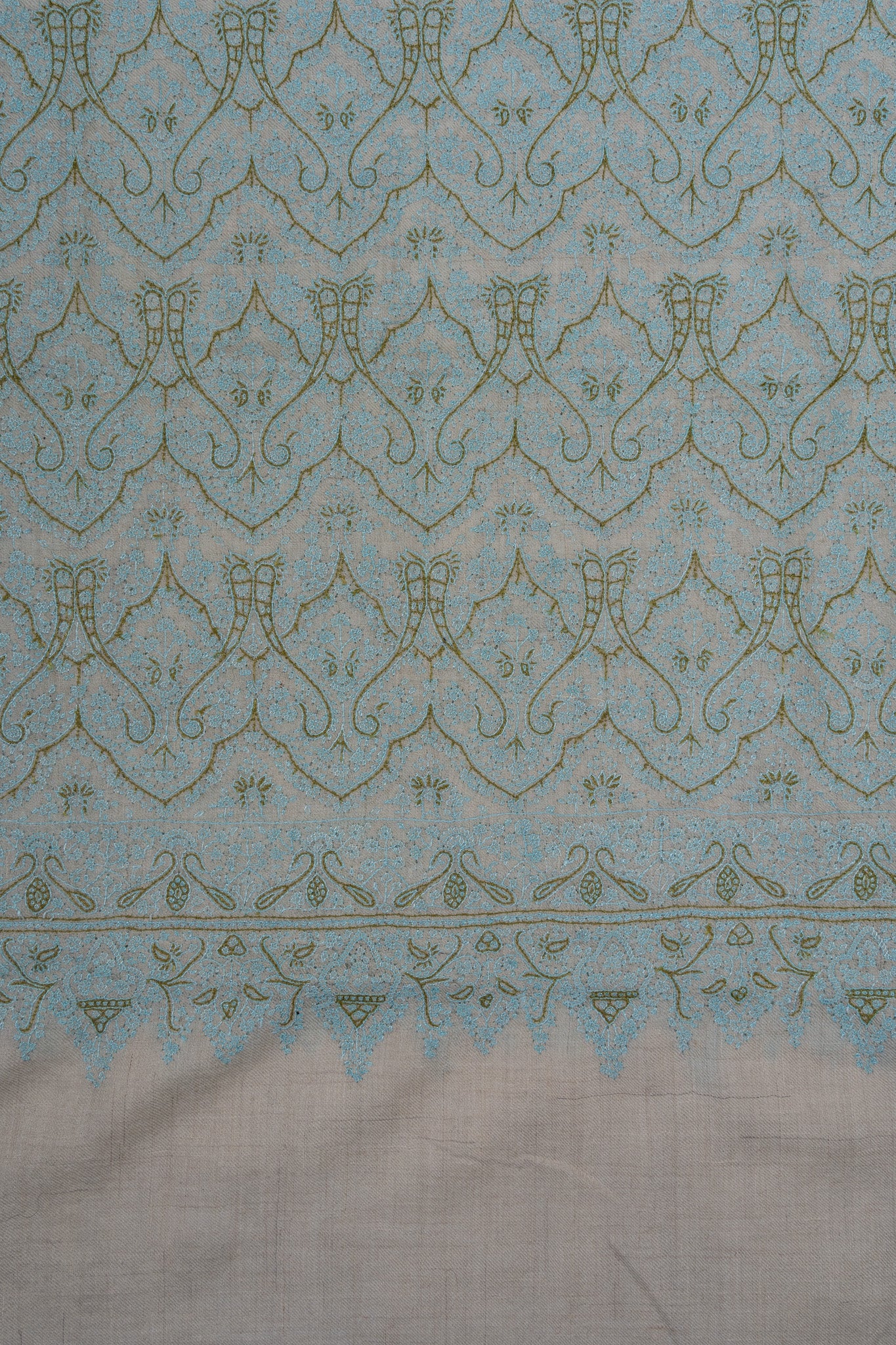 Sozni Hand Embroidered Pashmina: Mint Blue Floral Arabesque