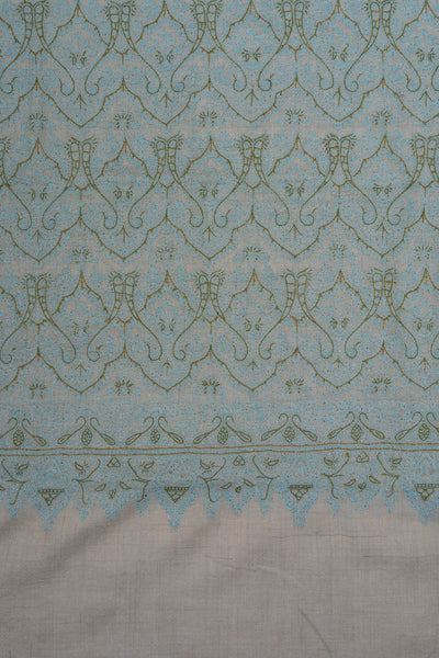 Sozni Hand Embroidered Pashmina: Mint Blue Floral Arabesque