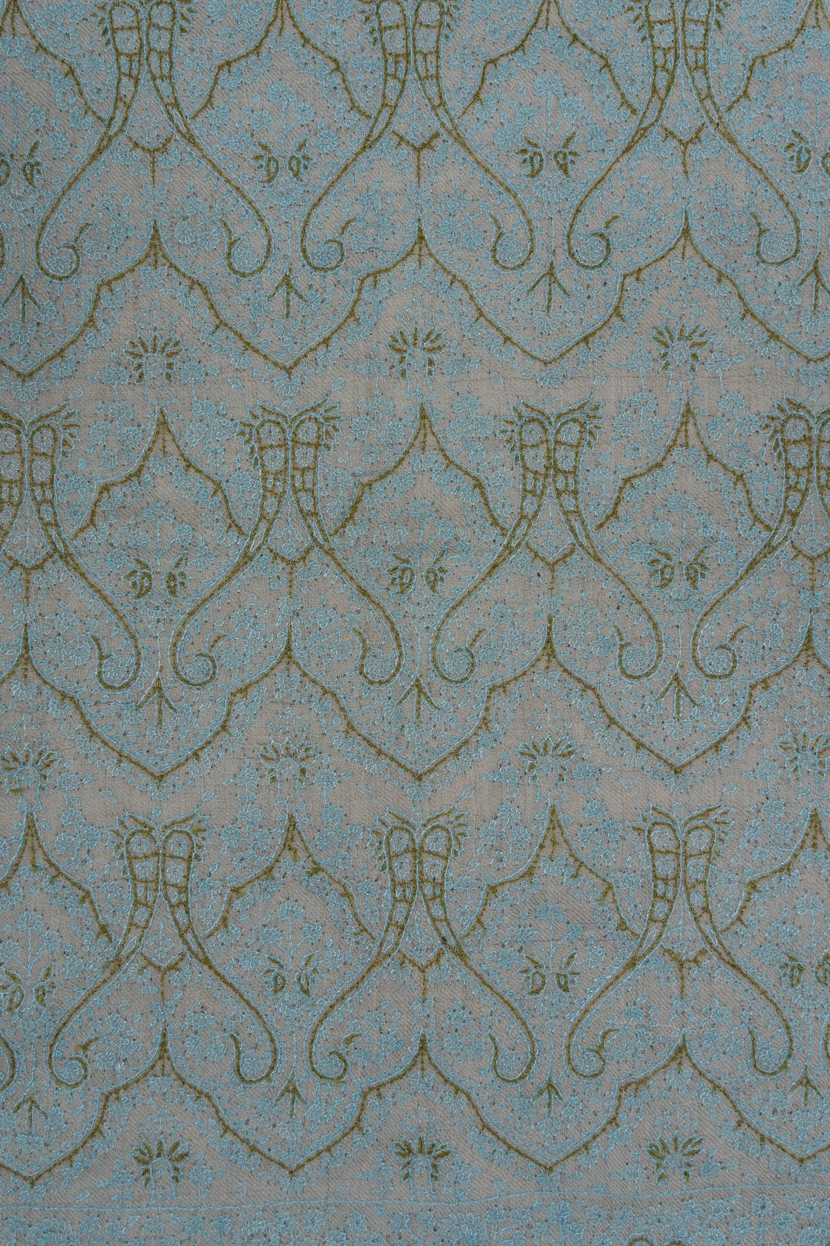 Sozni Hand Embroidered Pashmina: Mint Blue Floral Arabesque