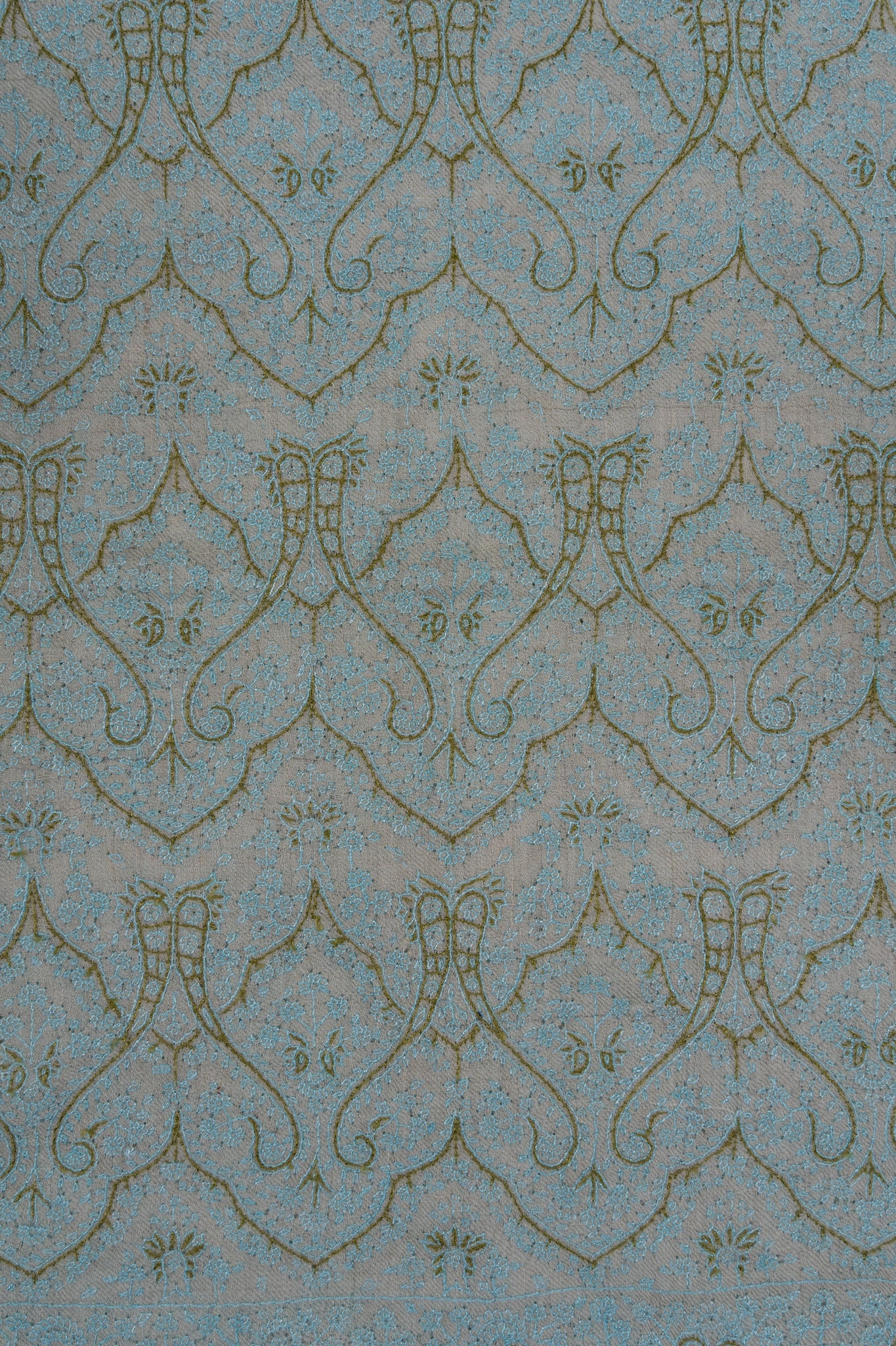 Sozni Hand Embroidered Pashmina: Mint Blue Floral Arabesque