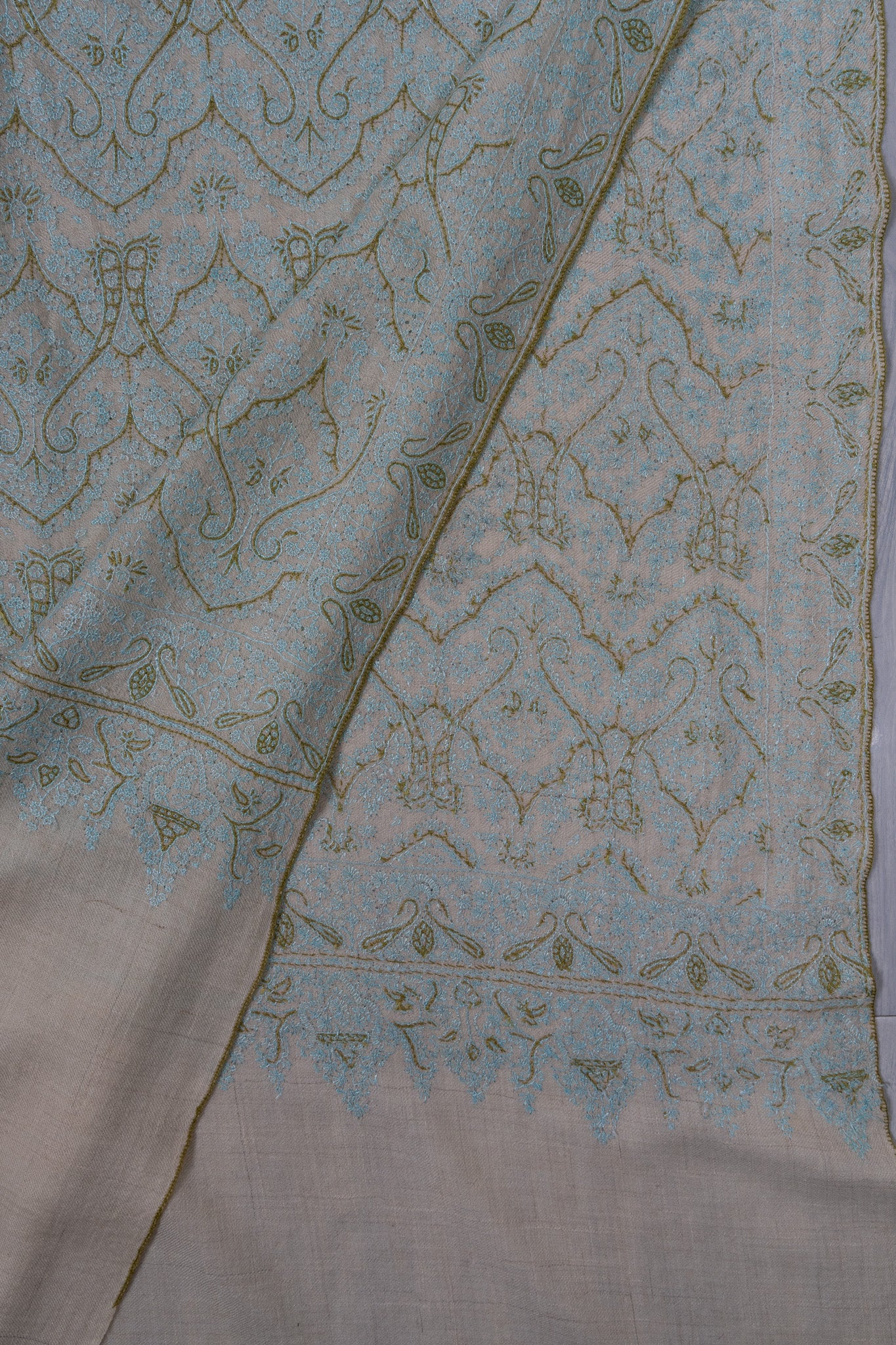 Sozni Hand Embroidered Pashmina: Mint Blue Floral Arabesque