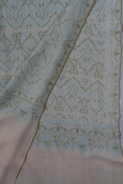 Sozni Hand Embroidered Pashmina: Mint Blue Floral Arabesque